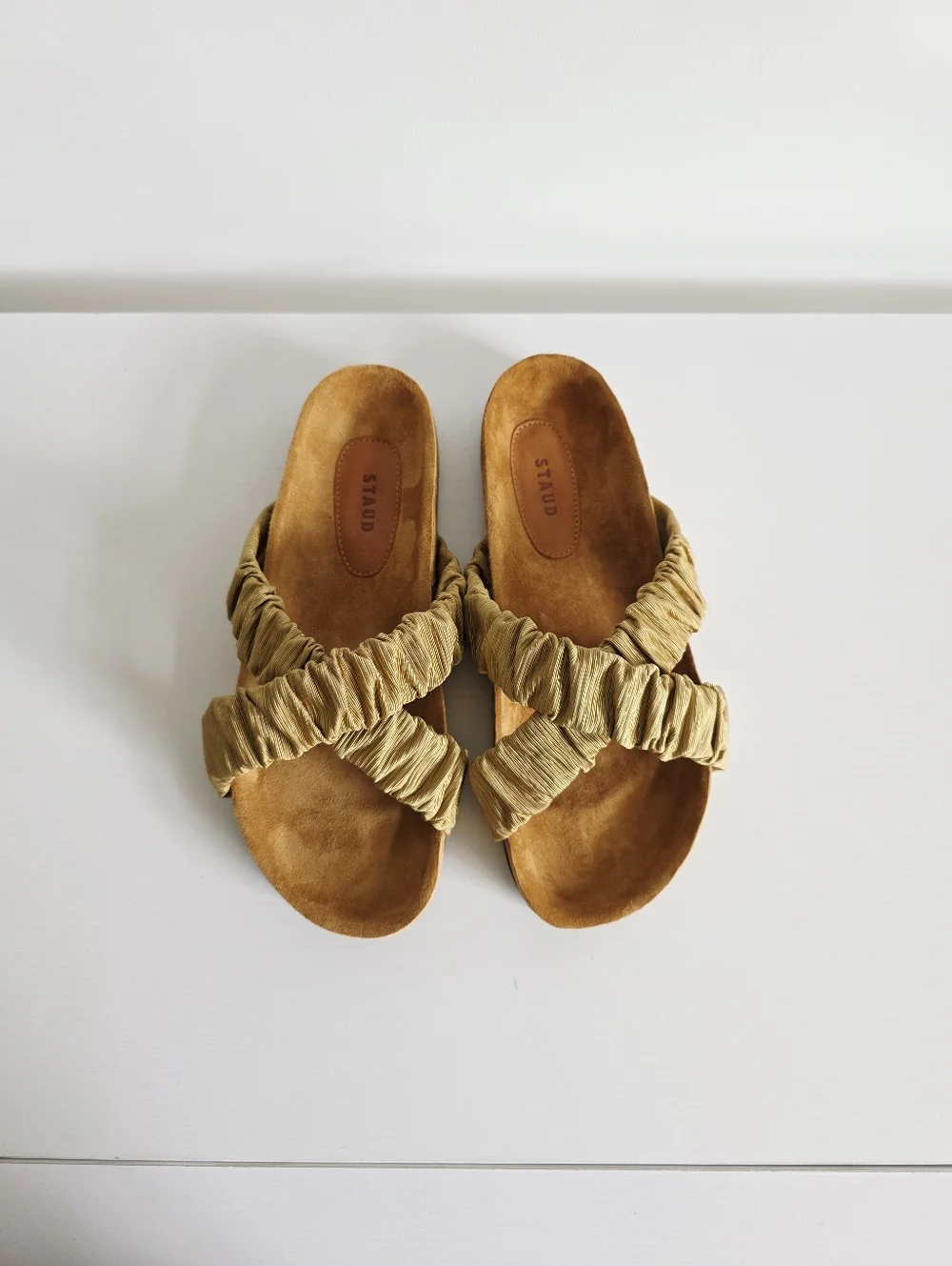 STAUD Ruched Crisscross Sandals in Tan/Beige